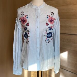 C Embroidered Floral Button Front Long Sleeve Blouse Small ruffle embroidered